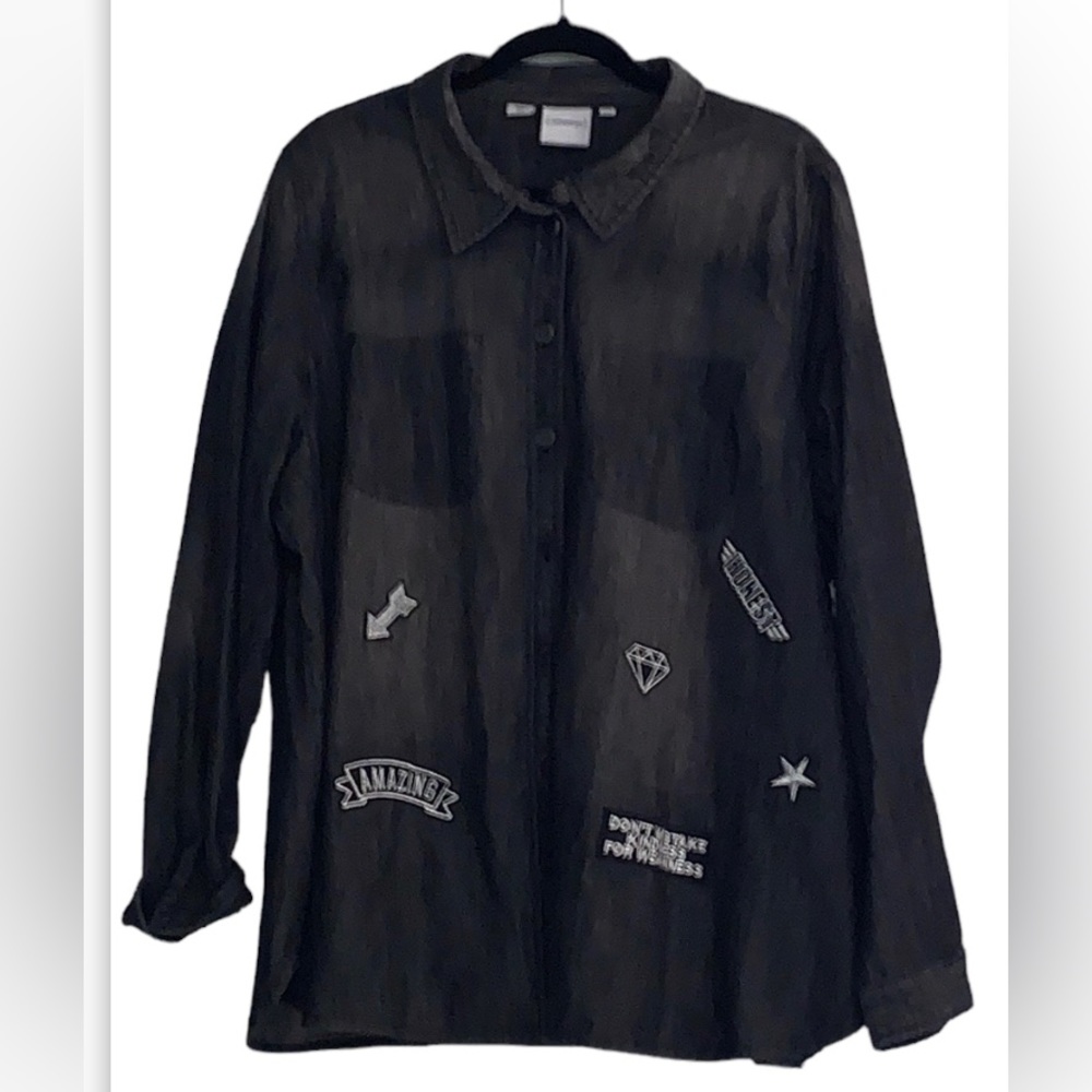 - JUNAROSE black denim distressed patch shirt/jacket. Women’s size 24.